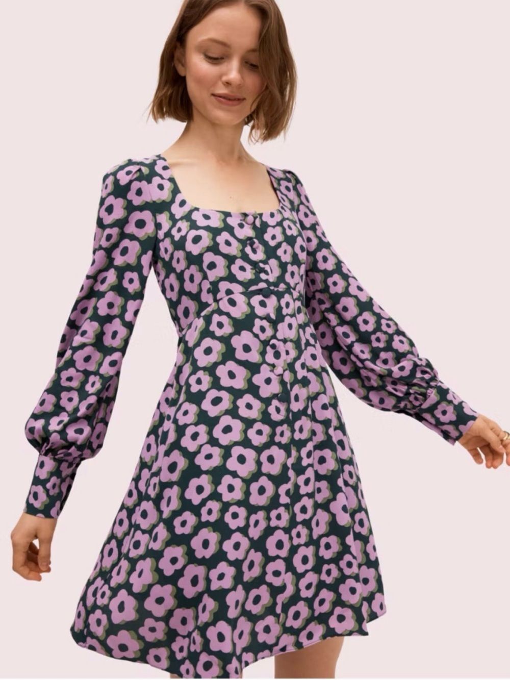 kate spade Black Dress with Purple Floral Print, Square Neck Mini